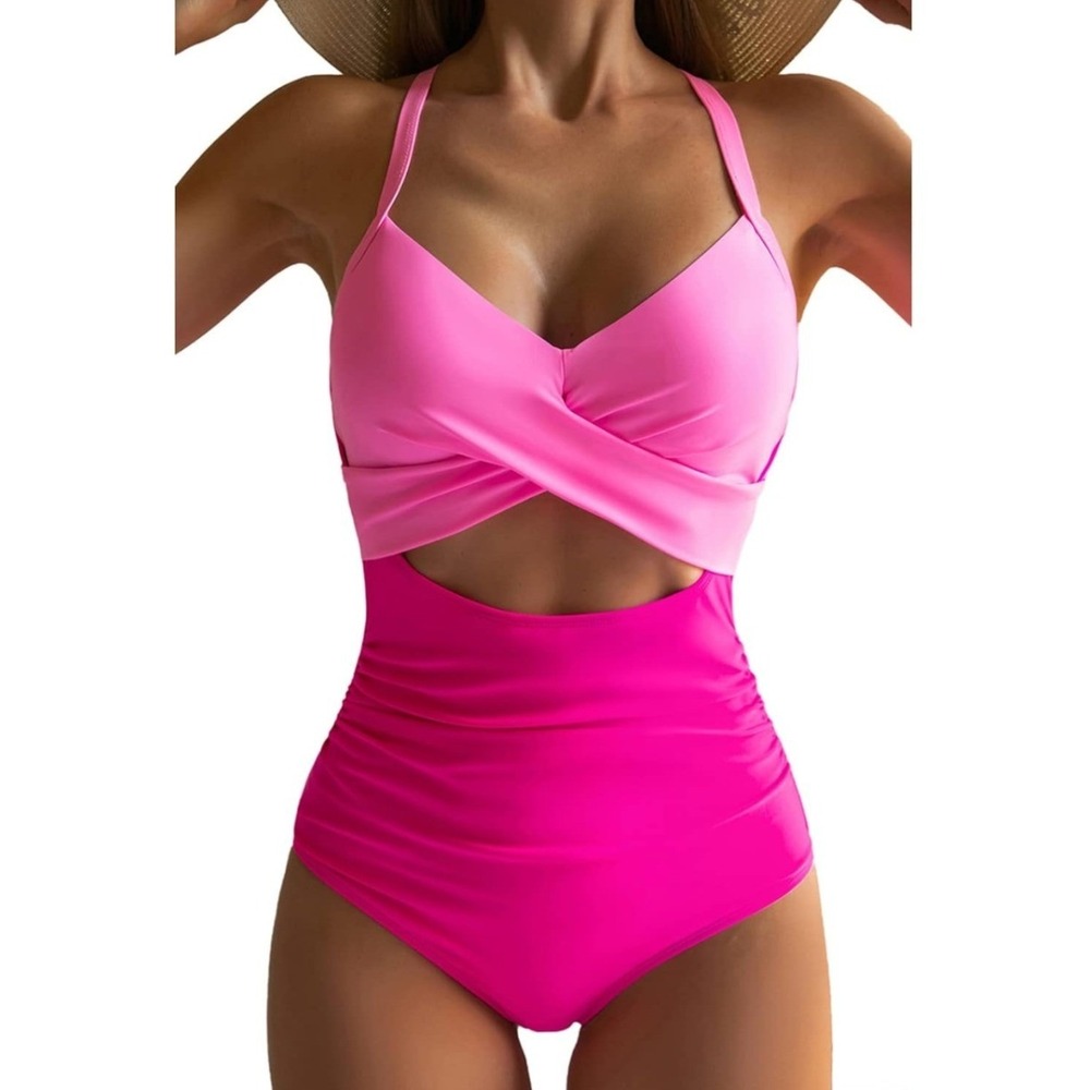 Eomenie Womens Pink Colorblock One Piece Monokini Swimsuit Size Large